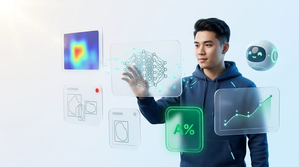 Kỹ sư AI tương tác với mô hình thị giác máy tính YOLO27 trên giao diện nổi 3D