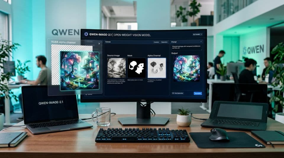 Giao diện mô hình thị giác Qwen-Image-2.1 với tính năng xuất kênh trong suốt RGBA trên màn hình chuyên dụng