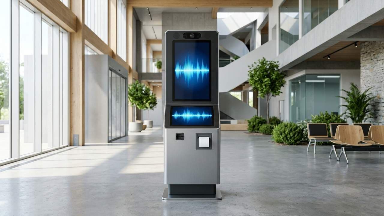 Hệ thống Kiosk AI tự phục vụ tích hợp giao diện giọng nói tức thời tại sảnh hành chính.