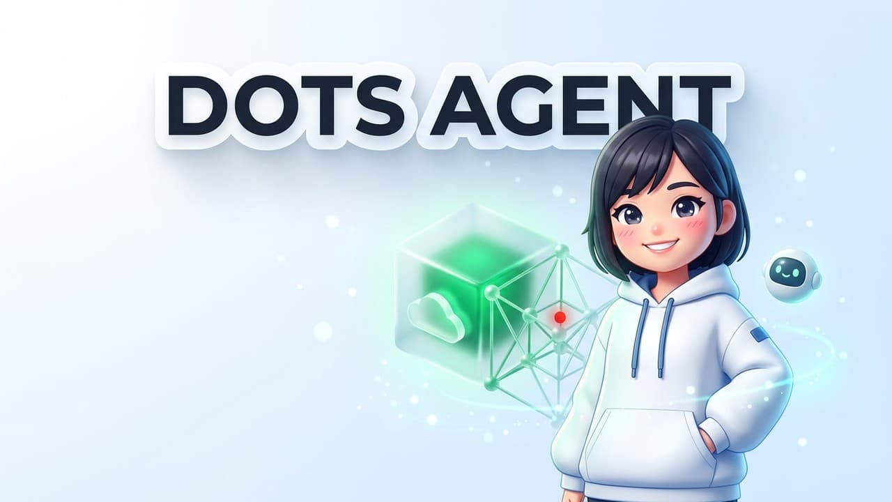 Mascot nữ kỹ sư AI người Việt và mô hình máy tính đám mây Dots Agent trên nền kính sáng