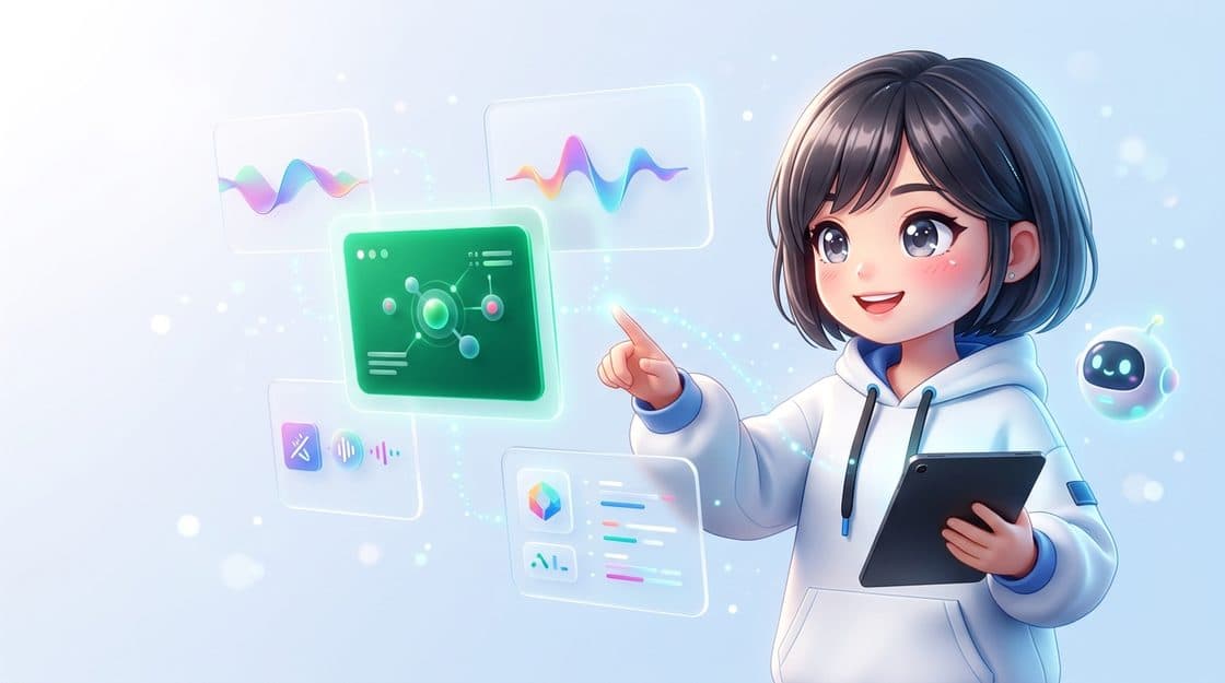 Nữ kỹ sư AI tương tác giao diện Kiosk thông minh cùng trợ lý giọng nói 3D