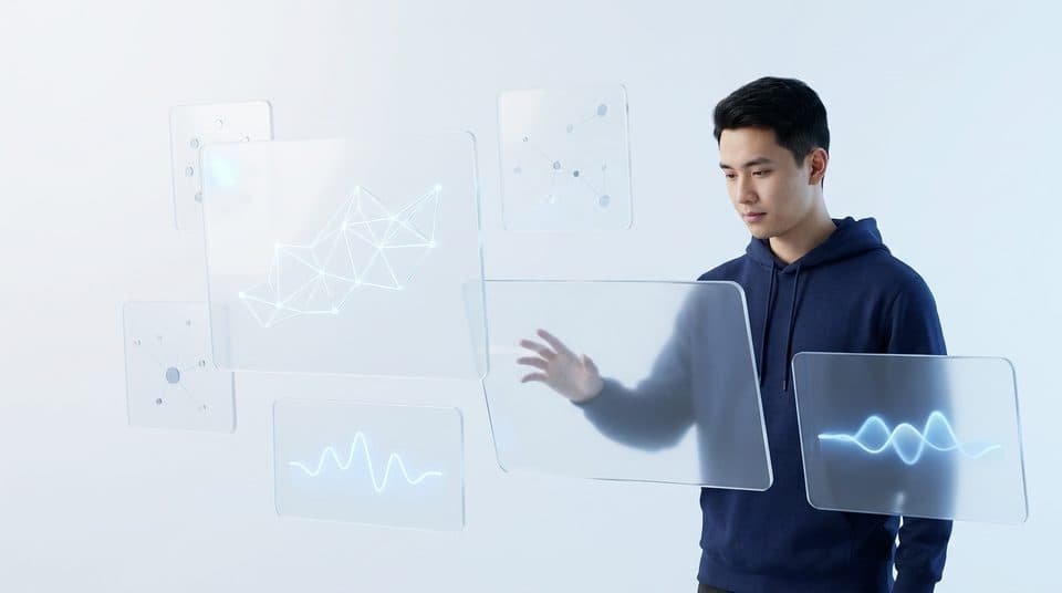 Kỹ sư tương tác với giao diện thẻ kính mờ biểu thị kiến trúc tác tử AI