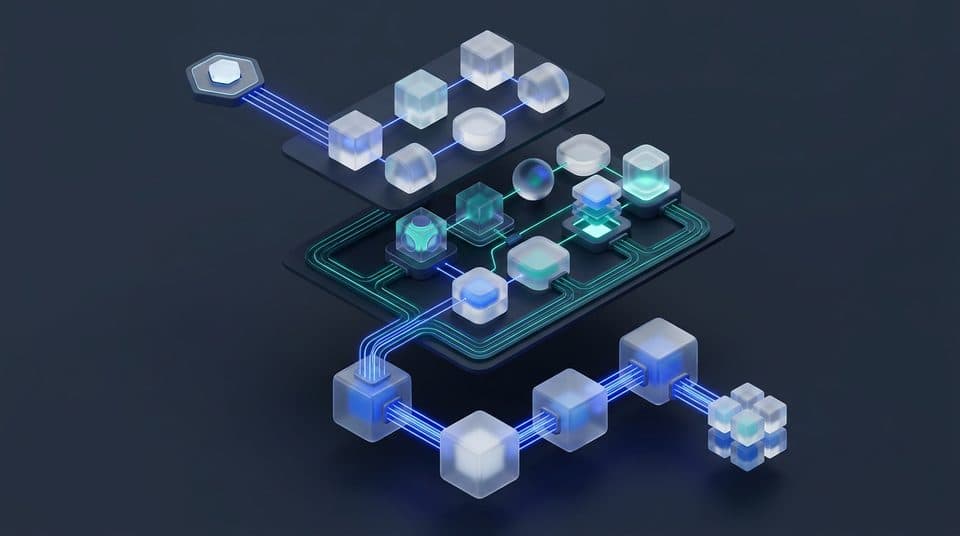 Mô hình 3D isometric trực quan hóa luồng kiến trúc tác tử tự hành đa bước phát quang