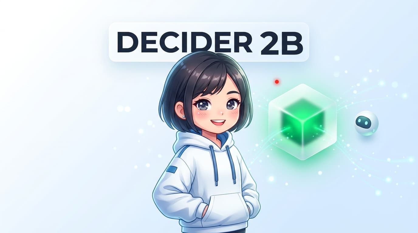 Mascot nữ kỹ sư AI và mô hình quyết định Strands Decider 2B trên nền kính sáng