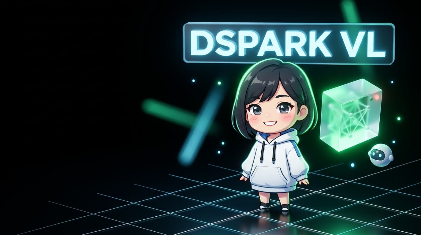 Mascot nữ kỹ sư AI và mô hình lăng kính thị giác ngôn ngữ DSpark VL trên nền lưới isometric tối