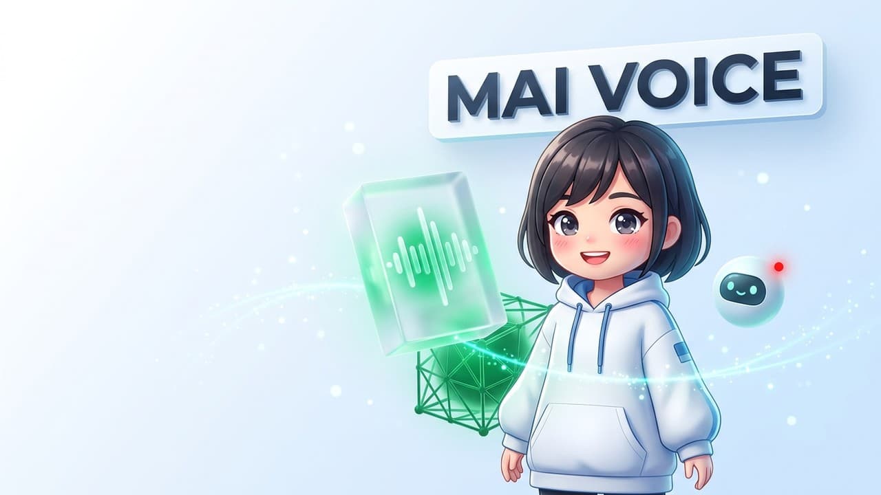 Mascot nữ kỹ sư AI người Việt và mô hình lăng kính sóng âm MAI Voice trên nền kính sáng
