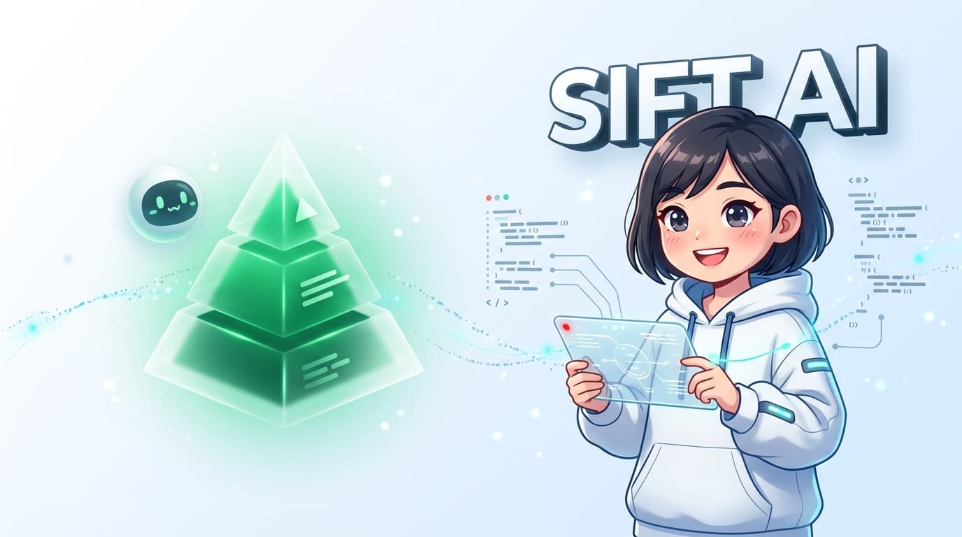Mascot nữ kỹ sư AI và mô hình kim tự tháp lọc thuật toán SIFT trên nền kính sáng