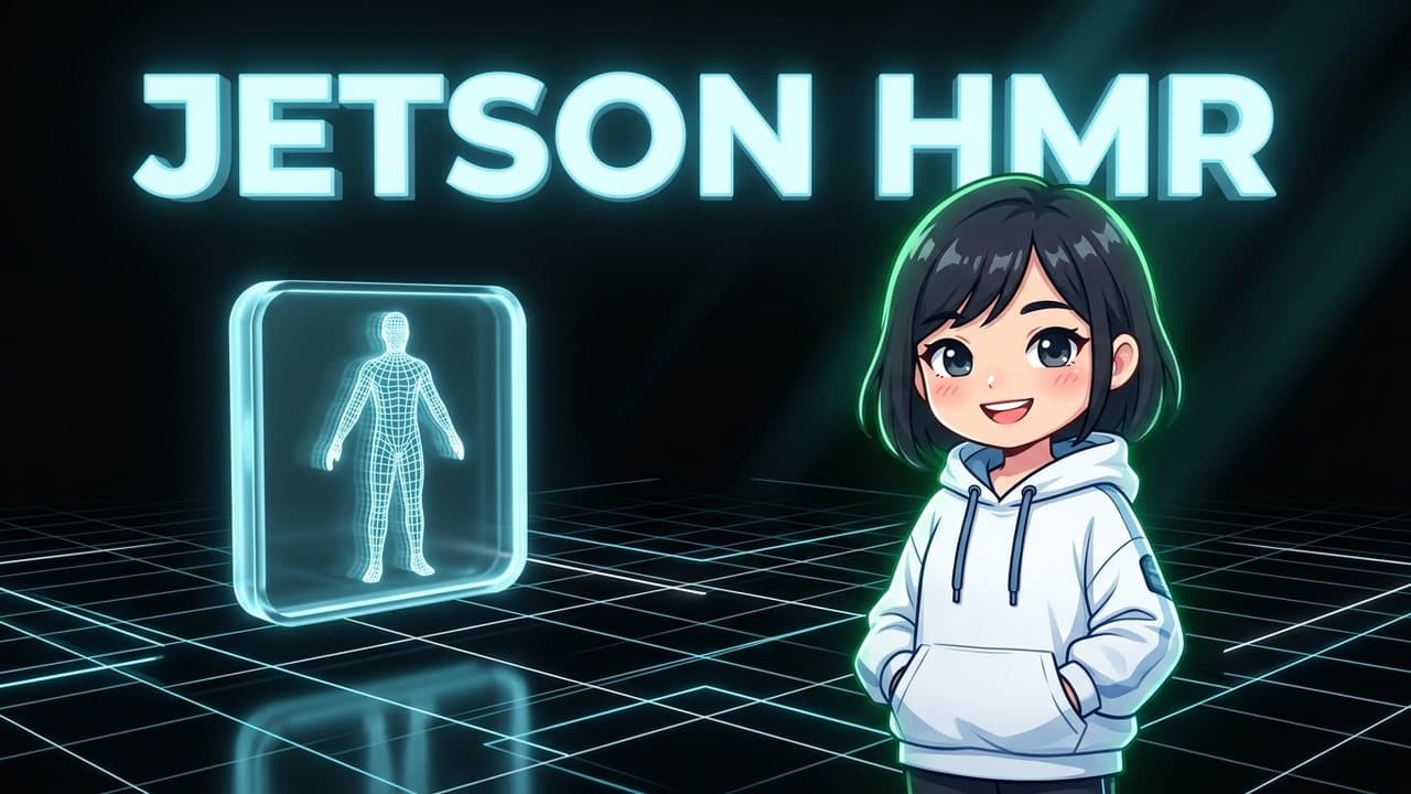 Mascot nữ kỹ sư AI người Việt bên mô hình lưới không gian 3D và huy hiệu Jetson HMR
